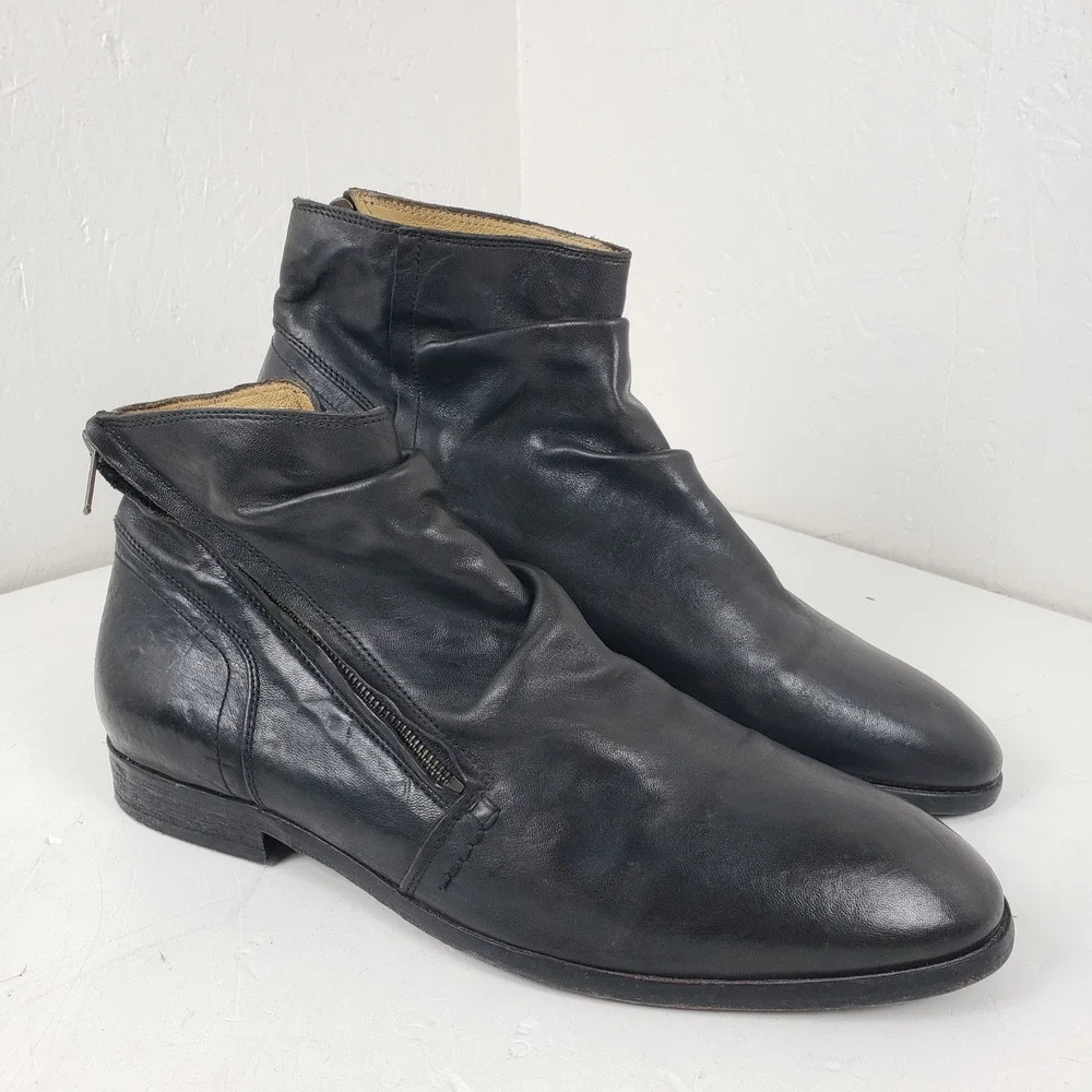Hudson London Mens 44 Size 11 Black Leather Slouch Ankle Boots Side Rear Zip